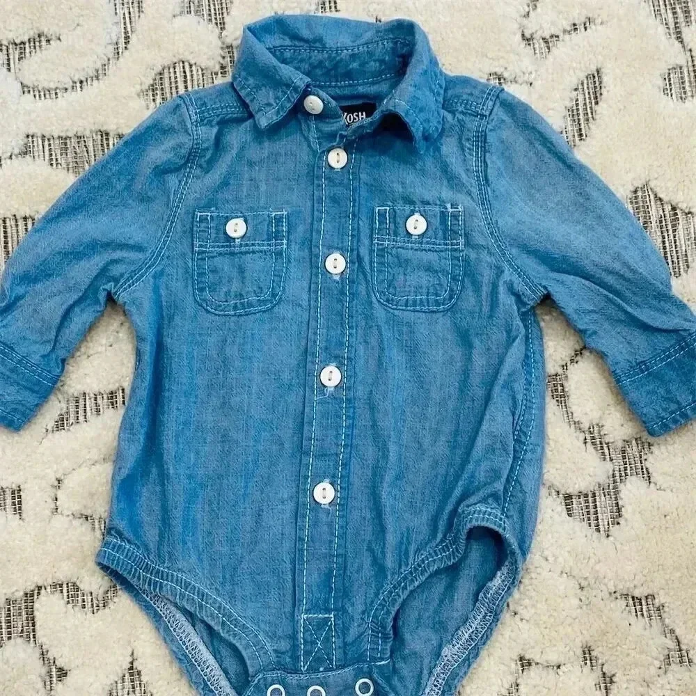 OshKosh Infant Blue Denim Bodysuit Long Sleeve Button Collar baby boy 3m
